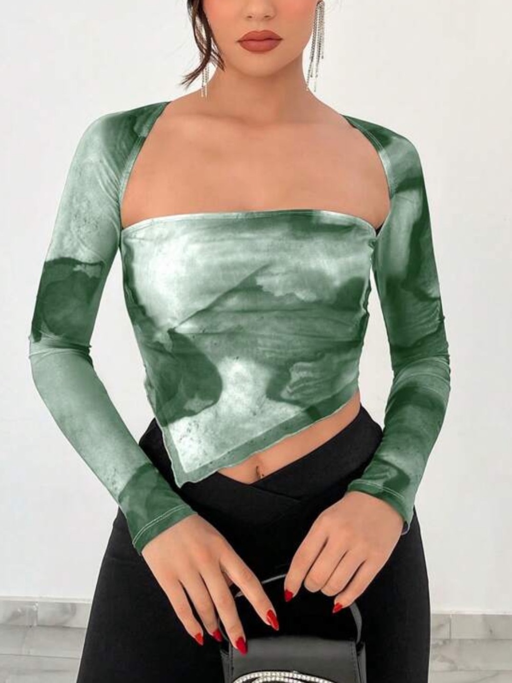 SHEIN Green Marble Square-Neck Long Sleeve Crop Top